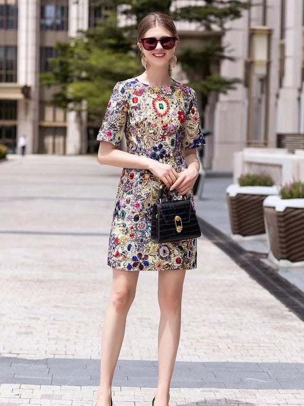 2023 Summer Light Luxury Slim Fit Temperament Dress Heavy Industry Exquisite Beaded Diamond Women's High end Slimming Print Dress