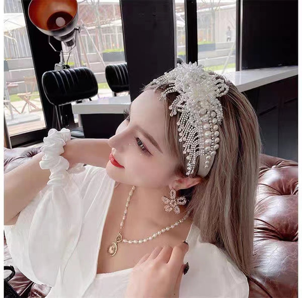 New original Korean version of Fashion Goddess rhinestone tassel pearl flower high-end hair accessories, heavy industry socialite hairbands, princess hair clips