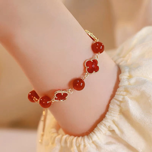 Red Agate Four Leaf Grass Lucky Bracelet