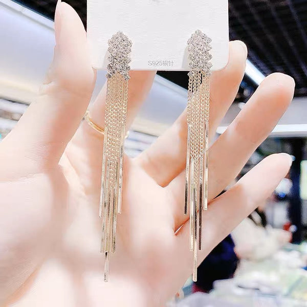 Designer Handmade Sterling Silver Needle with Diamond Tassels Personalized Long Earrings