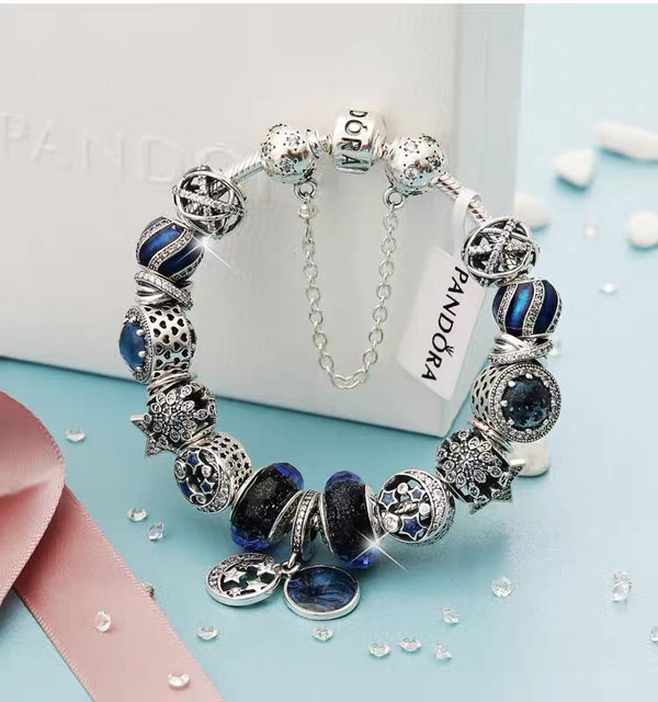 925 Silver Ocean Heart Pandora Blue Brilliant Wishing Bracelet